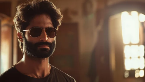Man wearing sunglasses stands indoors in warm light