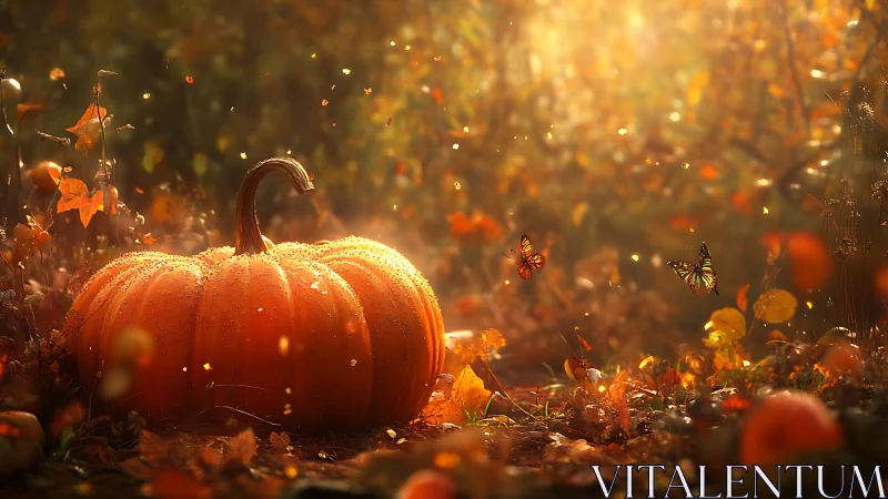 Sunlit autumn pumpkin glows warmly amid drifting butterflies