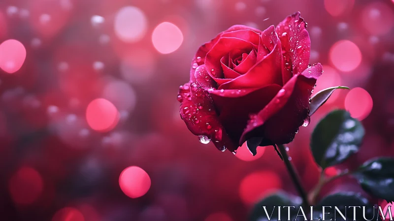 Deep Red Rose with Dewdrops Against Bokeh.