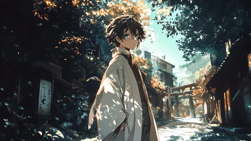 Wayward boy beneath dappled shrine light, autumn breathing.