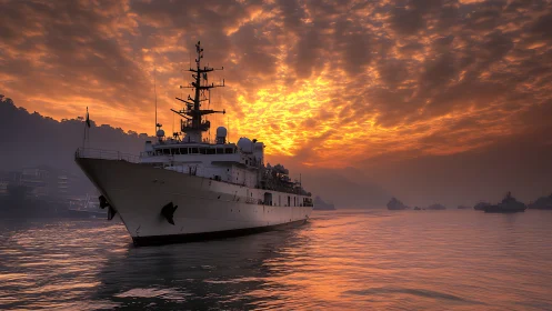 Naval surveillance vessel advances under dense incendiary sunset