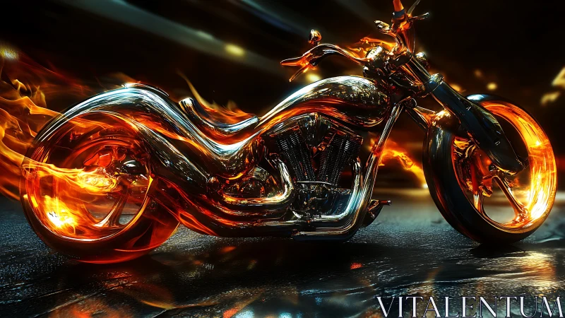 Chrome inferno motorcycle races through molten city streets.