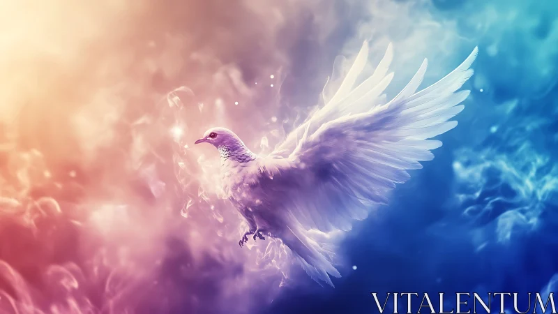 Iridescent dove in mid-flight framed by bicolor nebulous aura