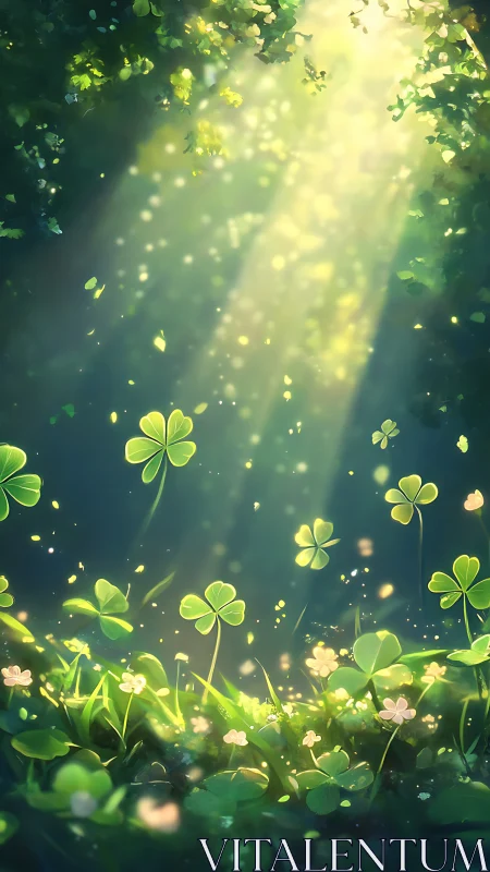 Sunlit clover meadow sparkles gently in soft forest light