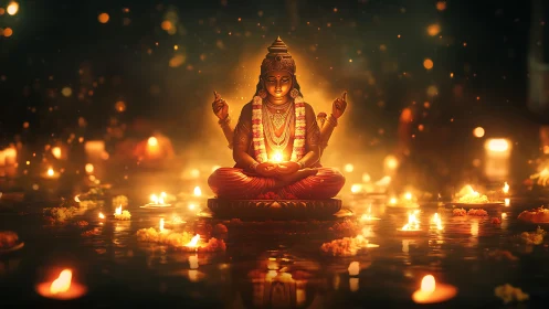 Goddess statue glows amid floating festival oil lamps.