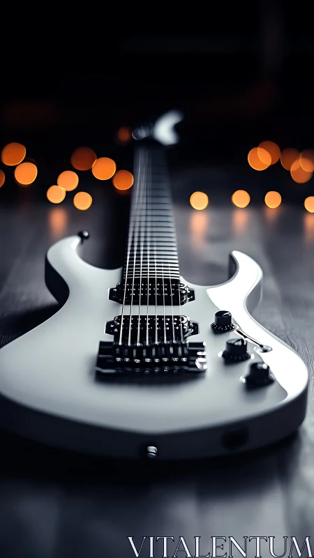 White electric guitar in shallow depth of field studio lighting