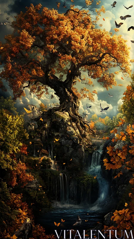 Golden autumn tree welcomes waterfalls into a hidden glen