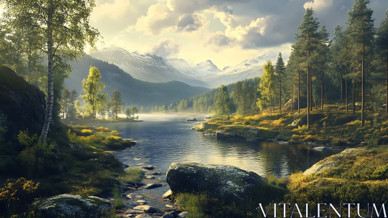 Golden mountain lake welcomes calm reflections and soft light