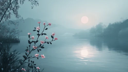 Soft moonlit lake with misty mountains and pink blossom branch