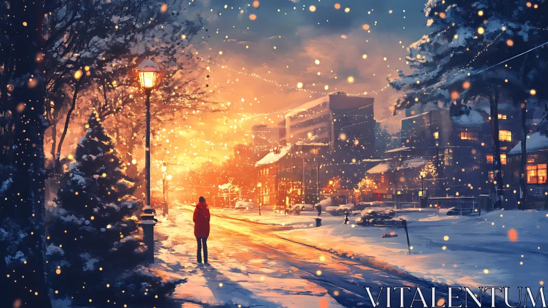 Snowlit city street hums softly beneath ember-bright dusk