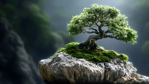 Miniature bonsai tree grows on mossy rock under soft light