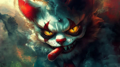 Clown-masked demonic cat glares forward with glowing eyes