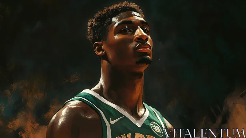 Luminous court sentinel in green jersey, carved from dusk.