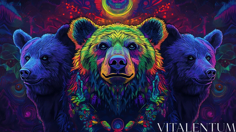 Trio of neon bears in symmetrical psychedelic forest scene.