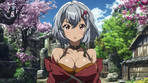 Grey haired anime girl stands in village with cherry blossoms