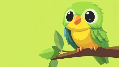 Cute cartoon green and yellow bird perched on branch, flat style.