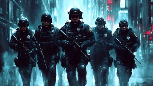 Armed tactical squad advances through neon-lit urban corridor