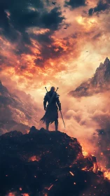 Lone warrior quietly surveys a blazing, dreamlike sky