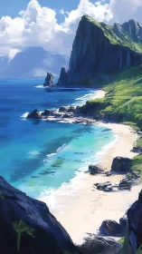 Dramatic coastal cliffs with turquoise waters and sandy beach