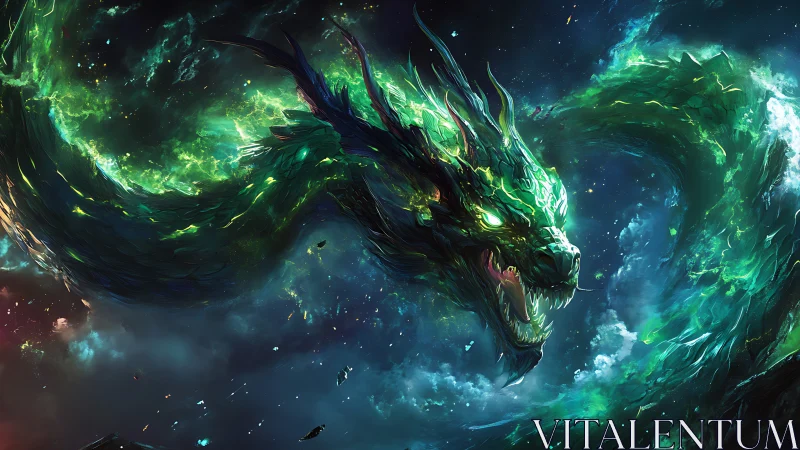 Cosmic emerald dragon erupts from swirling galactic storm