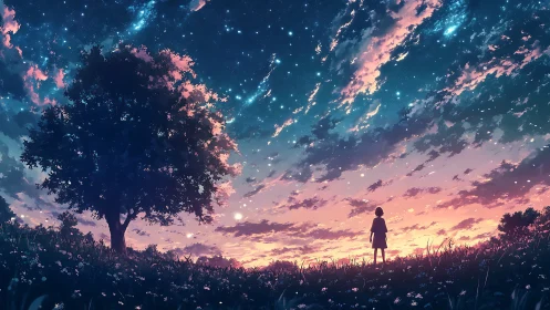 Silhouetted figure and tree under gradient dusk sky