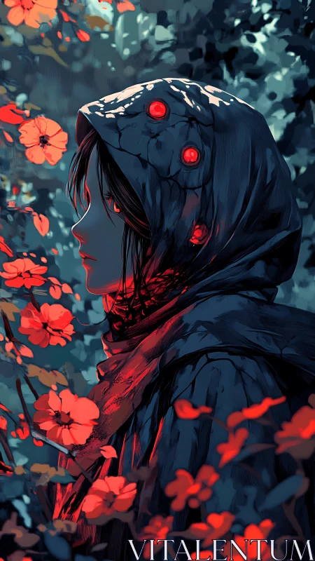 Figure in hooded cloak stands amid red flowers in profile