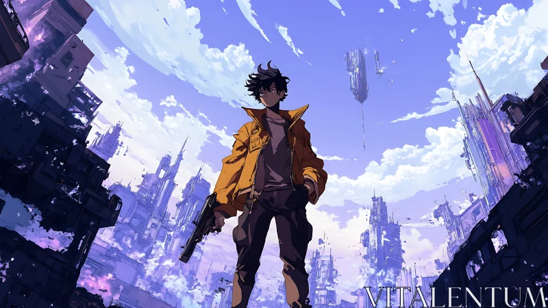 Lone gunman beneath fractured neon skyline in ruins.