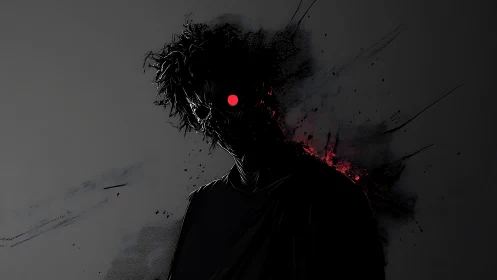 Shadowy figure glows with a single red eye in the dark