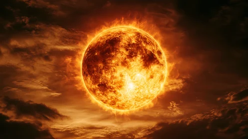 Solar sphere radiating plasma corona in turbulent clouds.