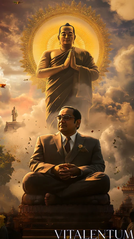 Statue of suited figure before large haloed Buddha form.