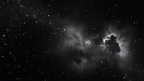 Monochrome interstellar starfield with dense gas cloud.