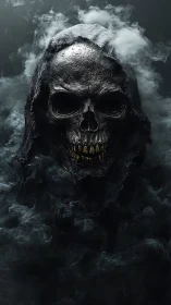 Grim reaper skull in dark smoke with metallic texture.