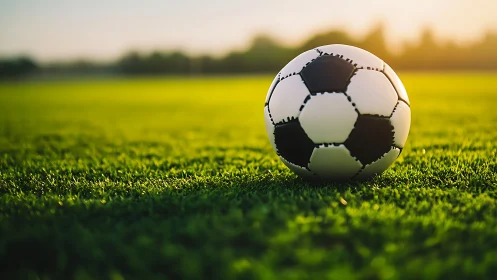 Sunlit football on low-cut turf with shallow depth of field.