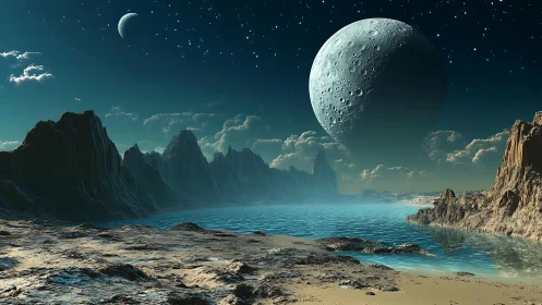 Lunar tidal basin on stratified alien coastline under binaries.