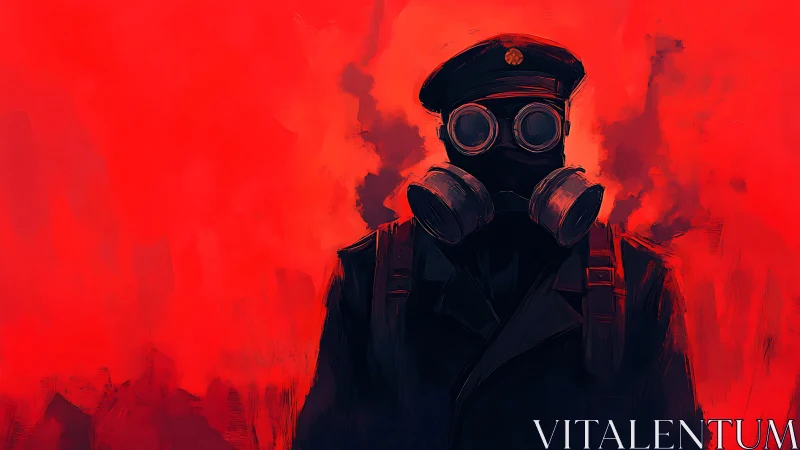 Mysterious gas mask wanderer emerges in a crimson haze