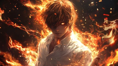 Intense anime boy engulfed in bright swirling flames.