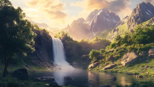 Digital painting of sunlit alpine waterfall and valley basin.