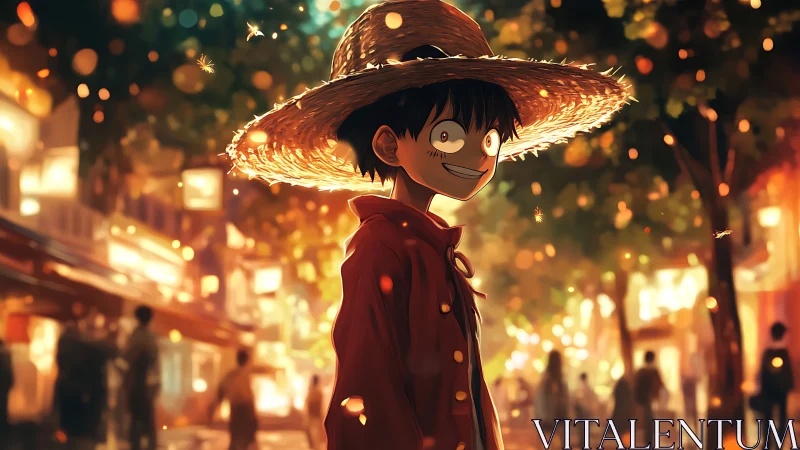 Straw hat boy strolls through a golden, lantern-lit evening street