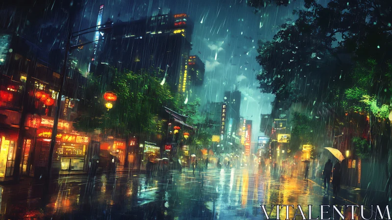 Cyberpunk rain-soaked avenue with neon reflections at night.