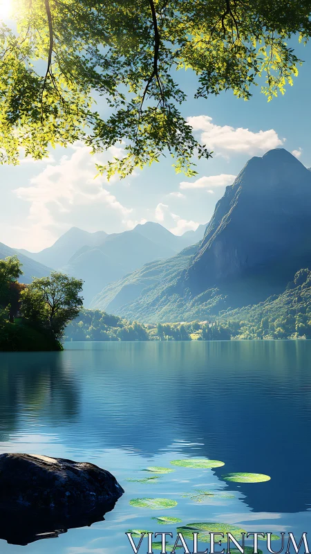 Mountain lake with trees, rock, and distant ridges at noon.