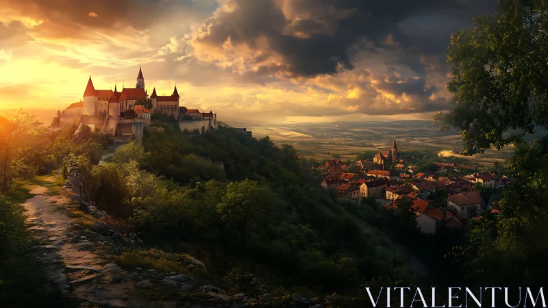 Golden sunset warmly embraces a hilltop castle and village