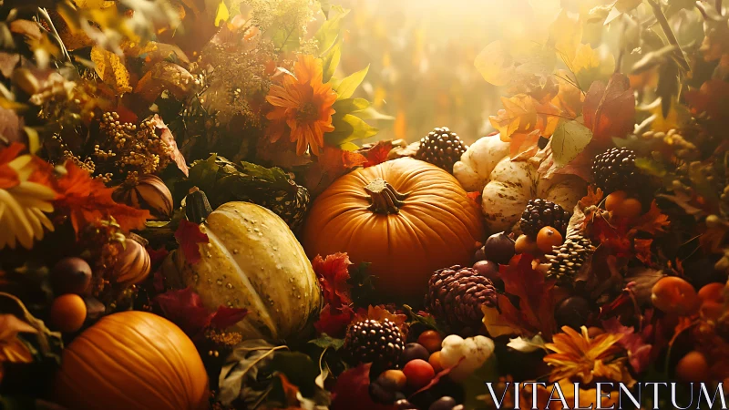 Backlit autumn harvest still life with pumpkins and foliage