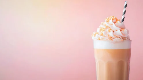 Iced latte with whipped cream on soft pink background.