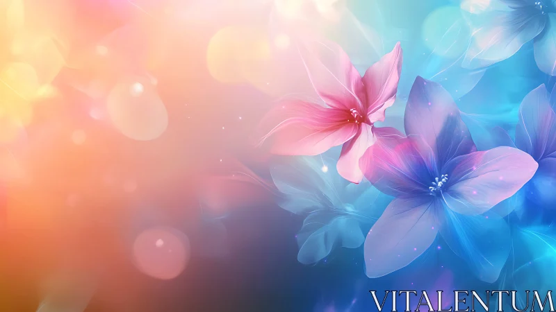 Multi-tonal gradient bokeh composition with semi-transparent floral petals exhibiting chromatic colo