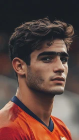 Young male soccer player in orange jersey under soft light