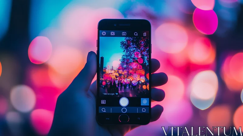 Colorful city lights captured through a glowing phone screen.