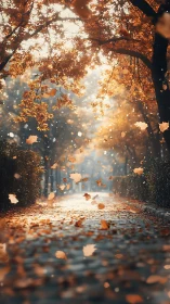 Autumn alley rendered with shallow depth and luminous backlight