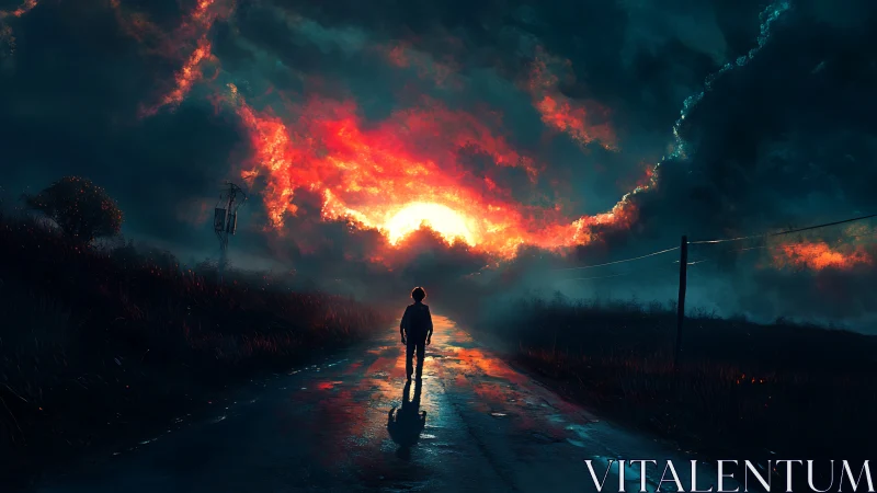 Silhouetted figure on rural road under vivid red sunset.