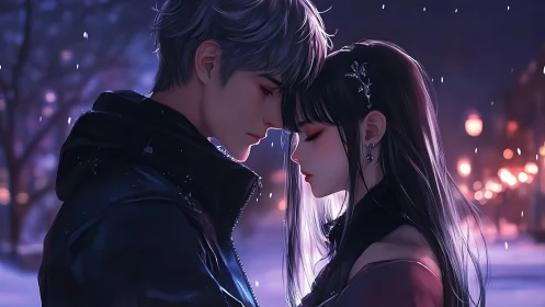 Snowy night close-up of intimate anime couple portrait.