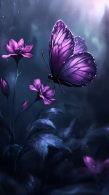 Violet butterfly rests on glowing flowers in twilight forest